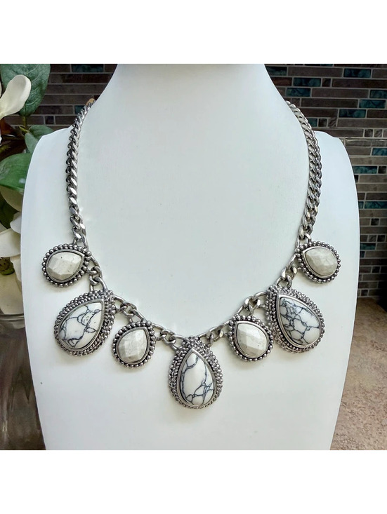 Express Jewelry - Express Statement Bib Necklace Silver Tone White Faux Howlite Turquoise Teardrop